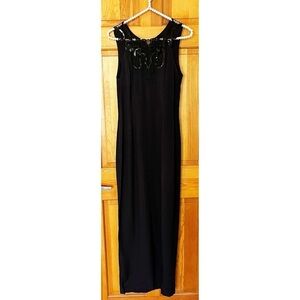 Jessica McClintock Gunne Sax Black Long Dress Sz 9/10 Lace Sequin Sheath Maxi